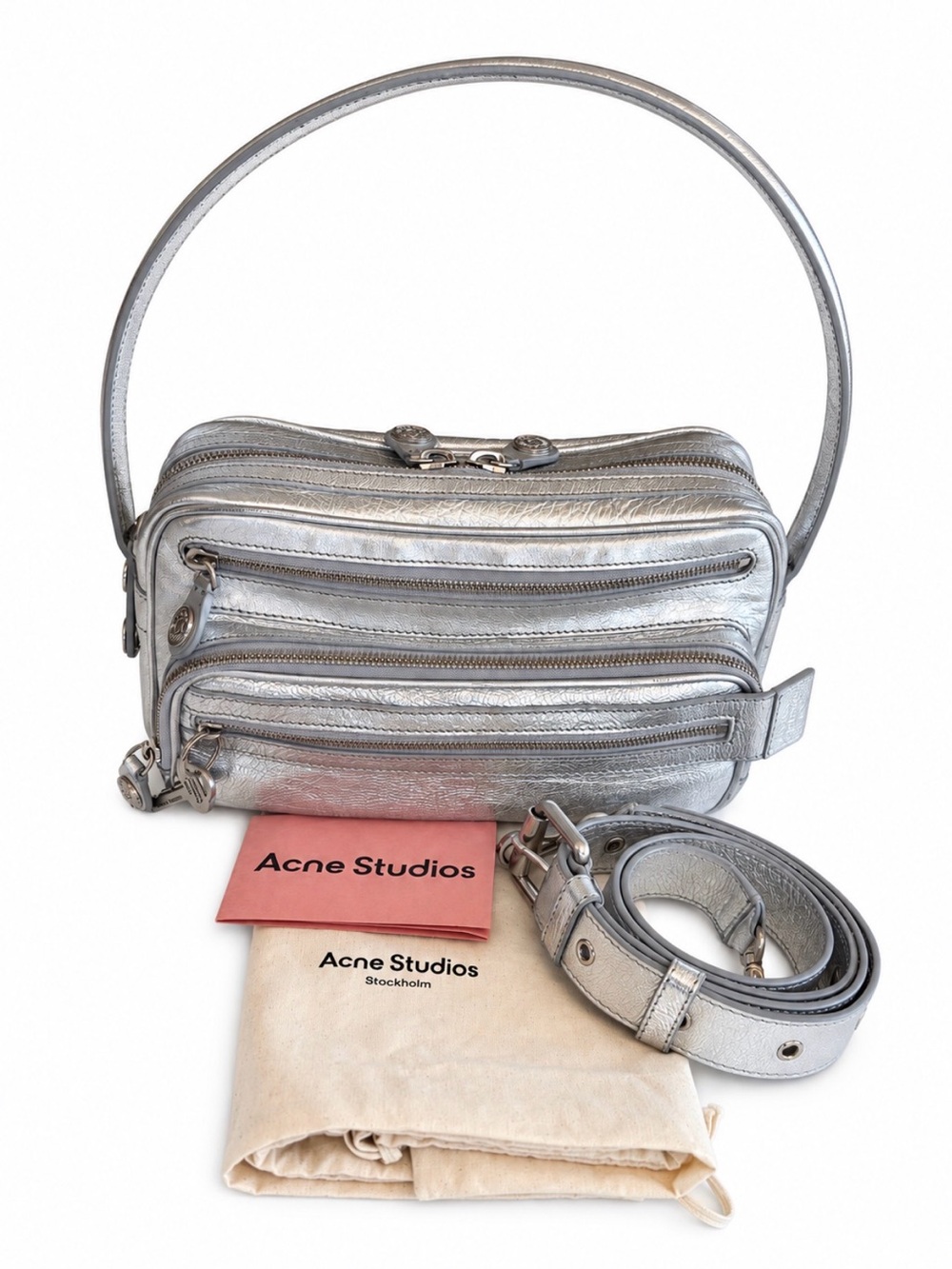 Acne Studios Camero Party
Shoulder Bag in Silver Zip Adjust
Strap Silver Hardwar
